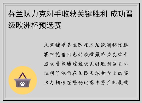 芬兰队力克对手收获关键胜利 成功晋级欧洲杯预选赛
