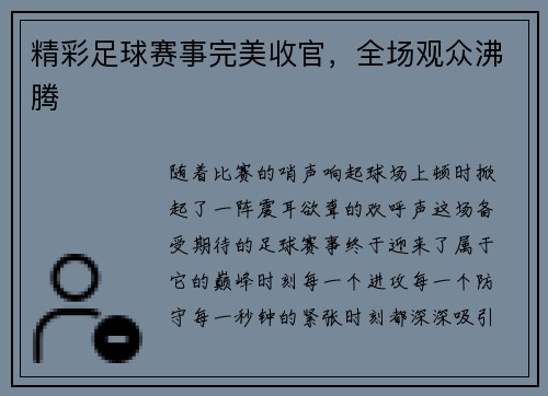 精彩足球赛事完美收官，全场观众沸腾