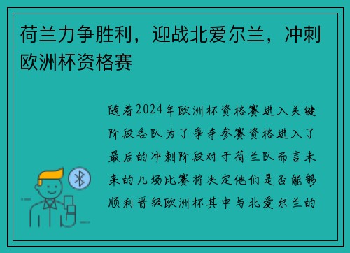 荷兰力争胜利，迎战北爱尔兰，冲刺欧洲杯资格赛