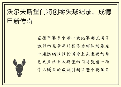 沃尔夫斯堡门将创零失球纪录，成德甲新传奇