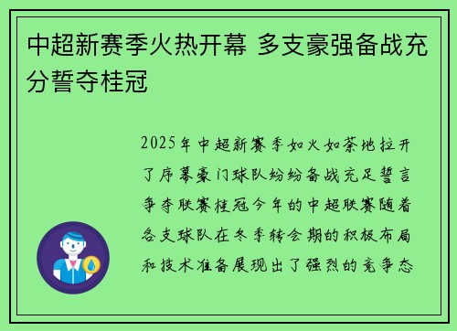 中超新赛季火热开幕 多支豪强备战充分誓夺桂冠